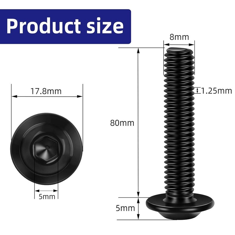 Etauwe 20-Piece M8-1.25 x 80mm Flange Button Head Screws - Black 304 Stainless Steel Socket Head Screws, Allen Hex Drive & Bit Included, Full Thread Machine Bolts - Image 2